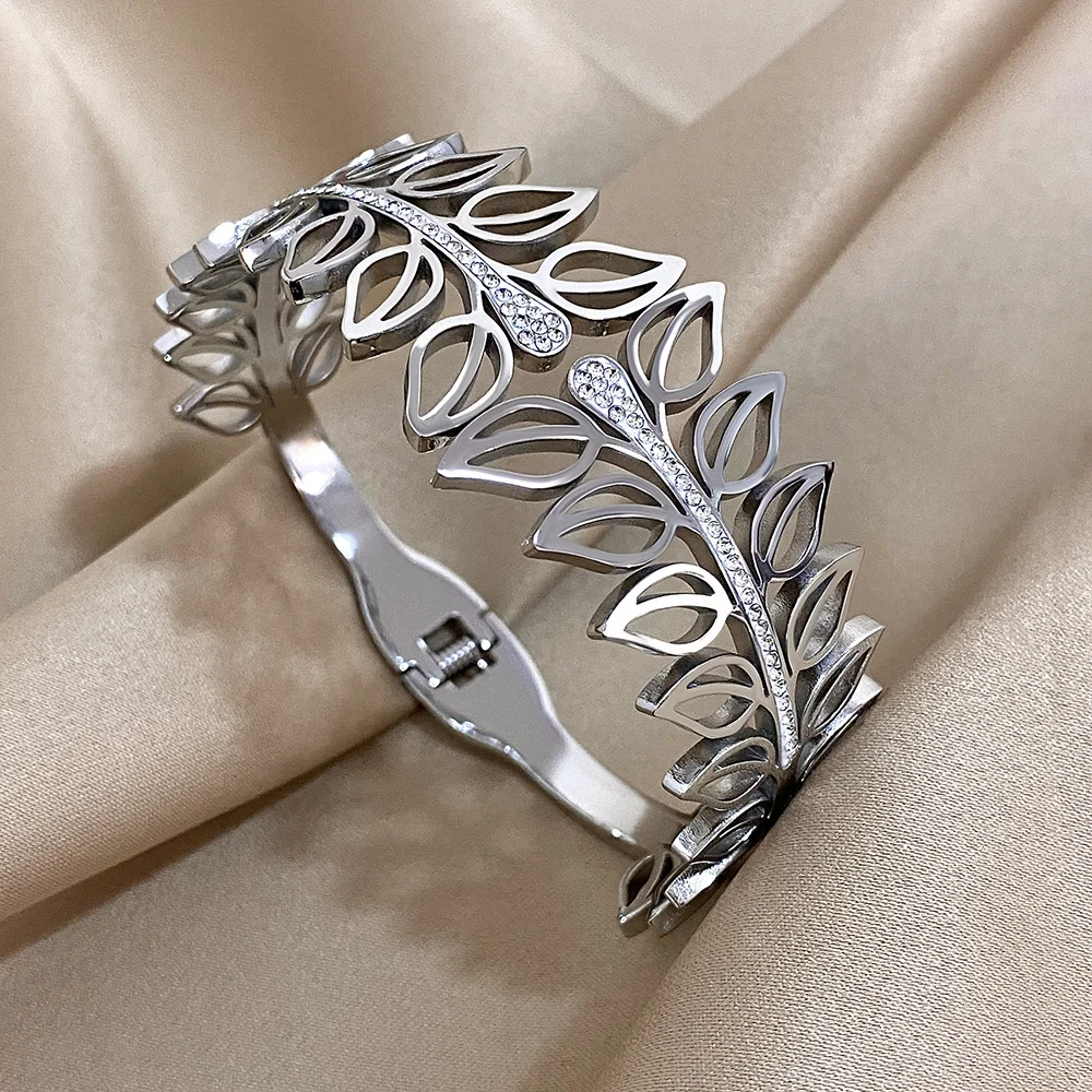 Exaggerated Rhinestone Leaves Stainless Steel Bangle Bracelet for Women Elegant Gold Silver Color Cuff Bracelets Jewelry Gifts