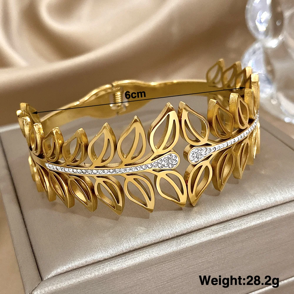 Exaggerated Rhinestone Leaves Stainless Steel Bangle Bracelet for Women Elegant Gold Silver Color Cuff Bracelets Jewelry Gifts