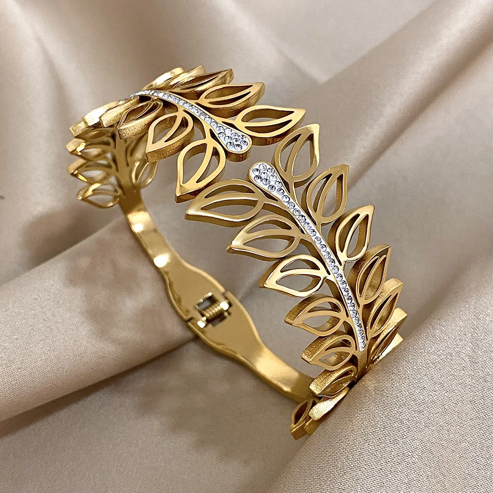 Exaggerated Rhinestone Leaves Stainless Steel Bangle Bracelet for Women Elegant Gold Silver Color Cuff Bracelets Jewelry Gifts