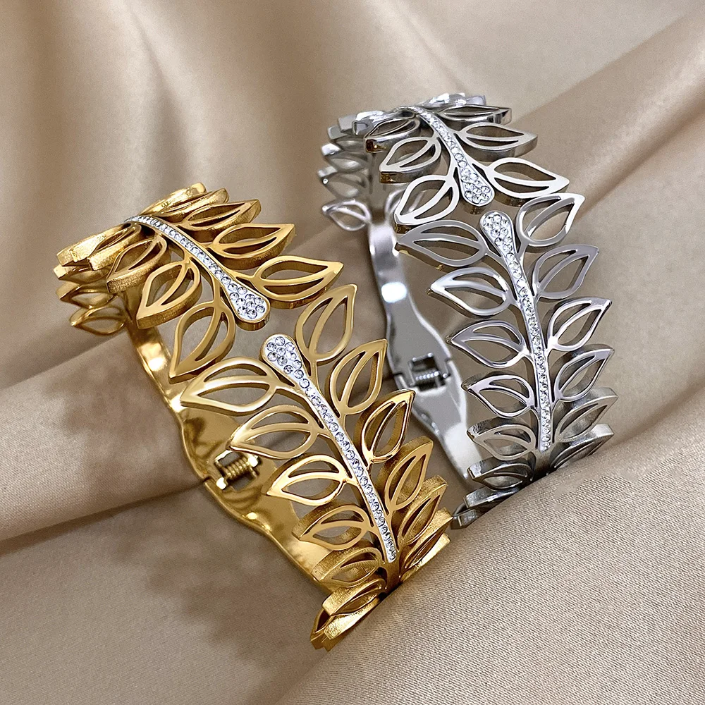 Exaggerated Rhinestone Leaves Stainless Steel Bangle Bracelet for Women Elegant Gold Silver Color Cuff Bracelets Jewelry Gifts