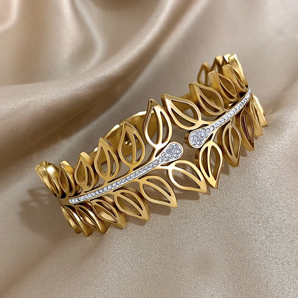 Exaggerated Rhinestone Leaves Stainless Steel Bangle Bracelet for Women Elegant Gold Silver Color Cuff Bracelets Jewelry Gifts