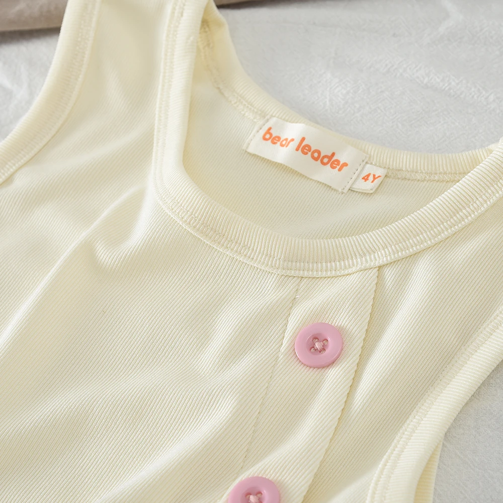 Bear Leader Summer Solid Color Girls Clothes 3-7 Years Button Decoration Sleeveless Vest+Pink Casual Pants Children's Set
