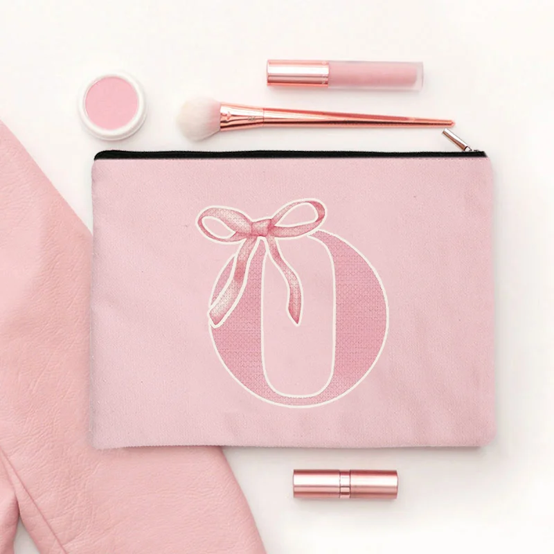 Pink Makeup Bags Initial Letter Cosmetic Zipper Pouch for Sister Girls Beauty School Graduation Travel Organizer Toiletries Bag