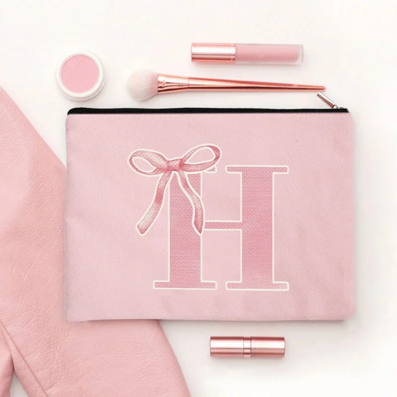 Pink Makeup Bags Initial Letter Cosmetic Zipper Pouch for Sister Girls Beauty School Graduation Travel Organizer Toiletries Bag