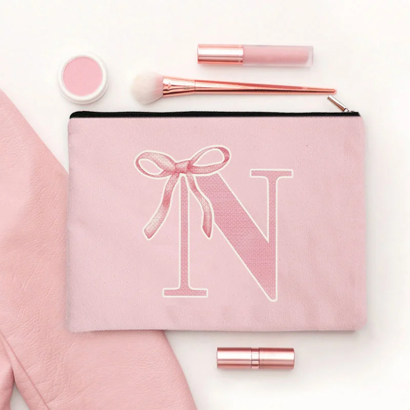 Pink Makeup Bags Initial Letter Cosmetic Zipper Pouch for Sister Girls Beauty School Graduation Travel Organizer Toiletries Bag