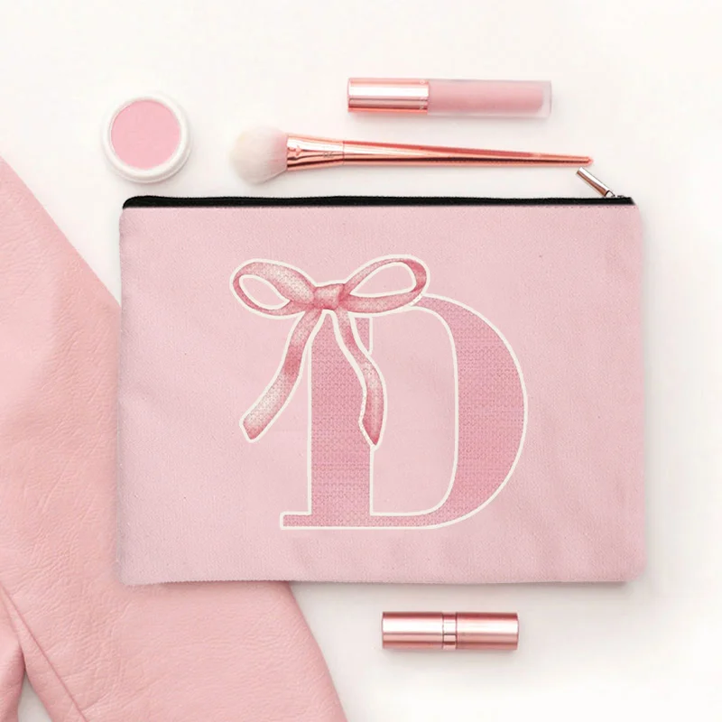 Pink Makeup Bags Initial Letter Cosmetic Zipper Pouch for Sister Girls Beauty School Graduation Travel Organizer Toiletries Bag