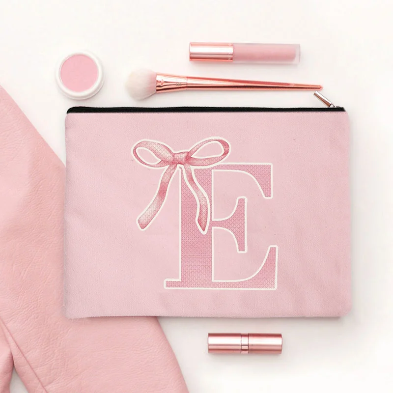 Pink Makeup Bags Initial Letter Cosmetic Zipper Pouch for Sister Girls Beauty School Graduation Travel Organizer Toiletries Bag