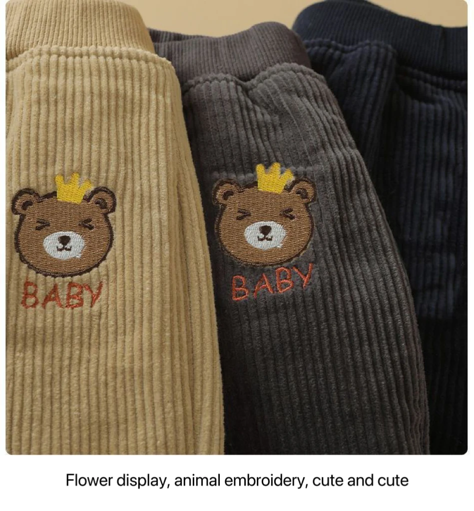 1pcs Boys Girls Winter Velvet Corduroy Kid Pants Little Bear Cartoon Mid Waist Warm Pantalone Baggy Thick Plush Children Trouser