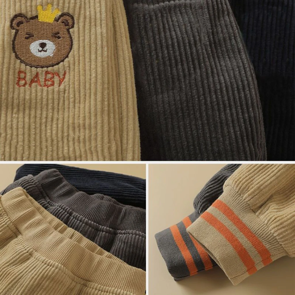 1pcs Boys Girls Winter Velvet Corduroy Kid Pants Little Bear Cartoon Mid Waist Warm Pantalone Baggy Thick Plush Children Trouser