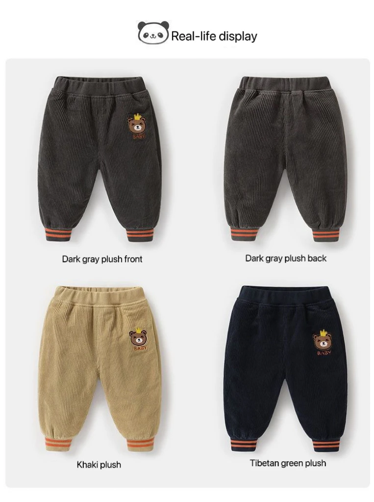 1pcs Boys Girls Winter Velvet Corduroy Kid Pants Little Bear Cartoon Mid Waist Warm Pantalone Baggy Thick Plush Children Trouser