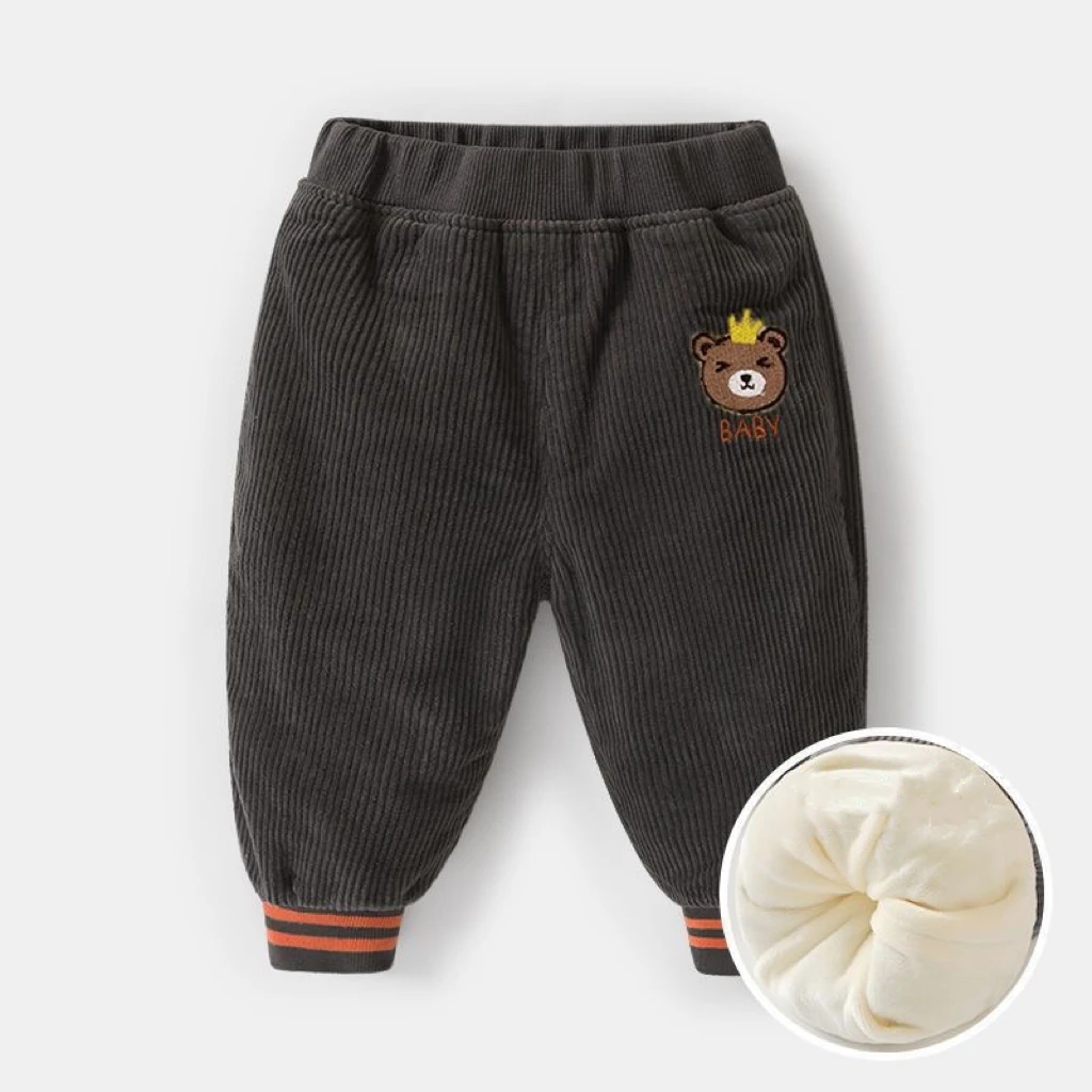 1pcs Boys Girls Winter Velvet Corduroy Kid Pants Little Bear Cartoon Mid Waist Warm Pantalone Baggy Thick Plush Children Trouser