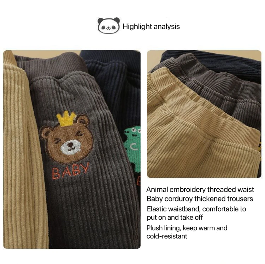 1pcs Boys Girls Winter Velvet Corduroy Kid Pants Little Bear Cartoon Mid Waist Warm Pantalone Baggy Thick Plush Children Trouser