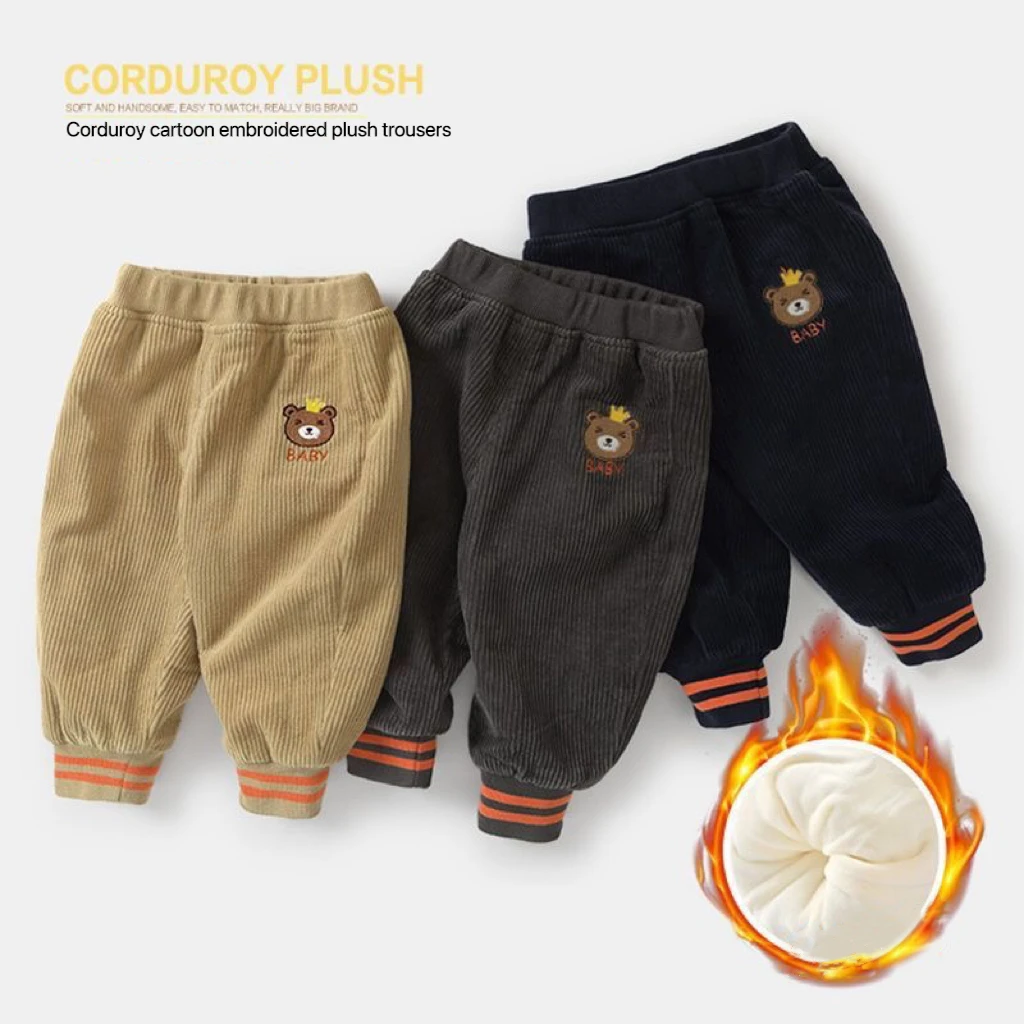 1pcs Boys Girls Winter Velvet Corduroy Kid Pants Little Bear Cartoon Mid Waist Warm Pantalone Baggy Thick Plush Children Trouser