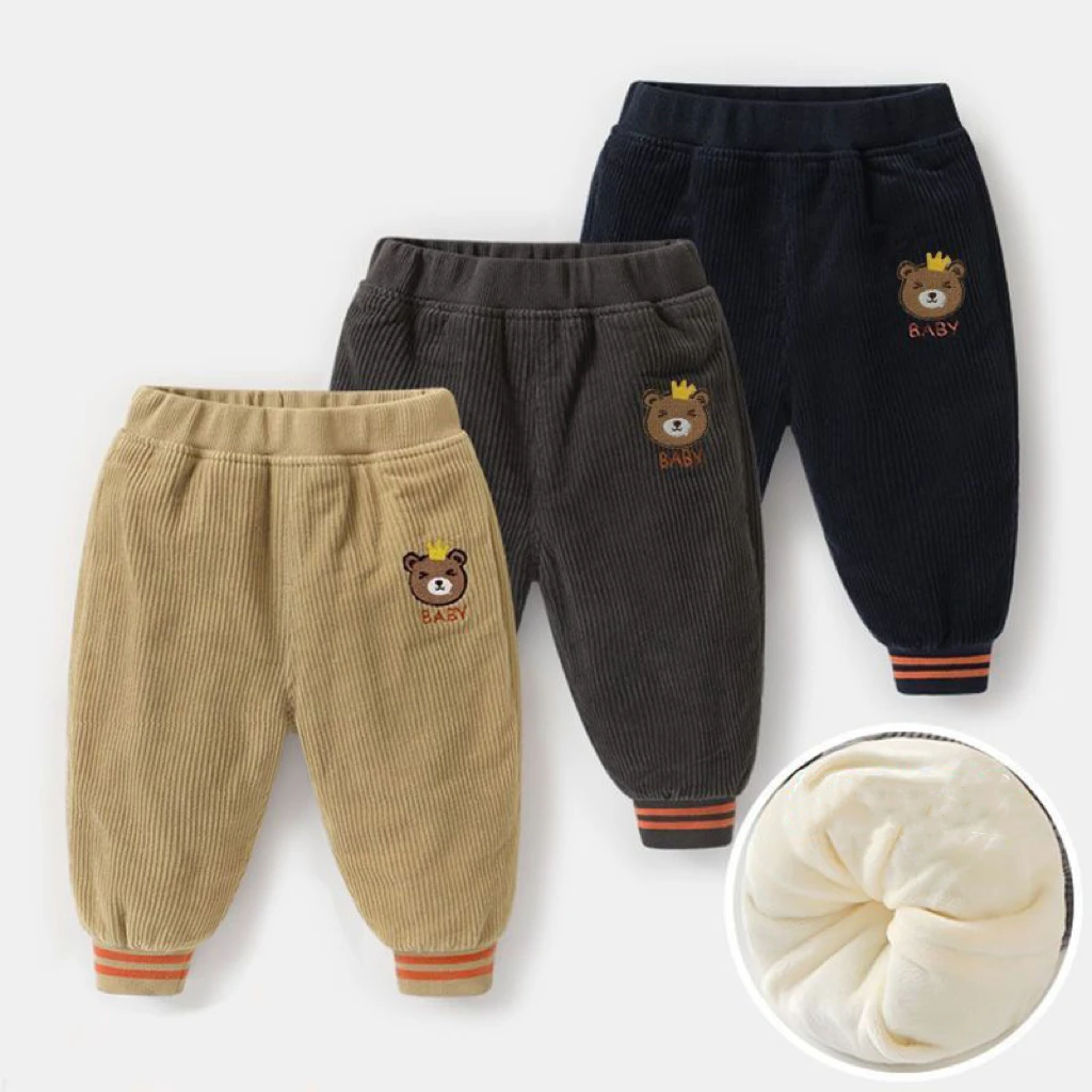1pcs Boys Girls Winter Velvet Corduroy Kid Pants Little Bear Cartoon Mid Waist Warm Pantalone Baggy Thick Plush Children Trouser