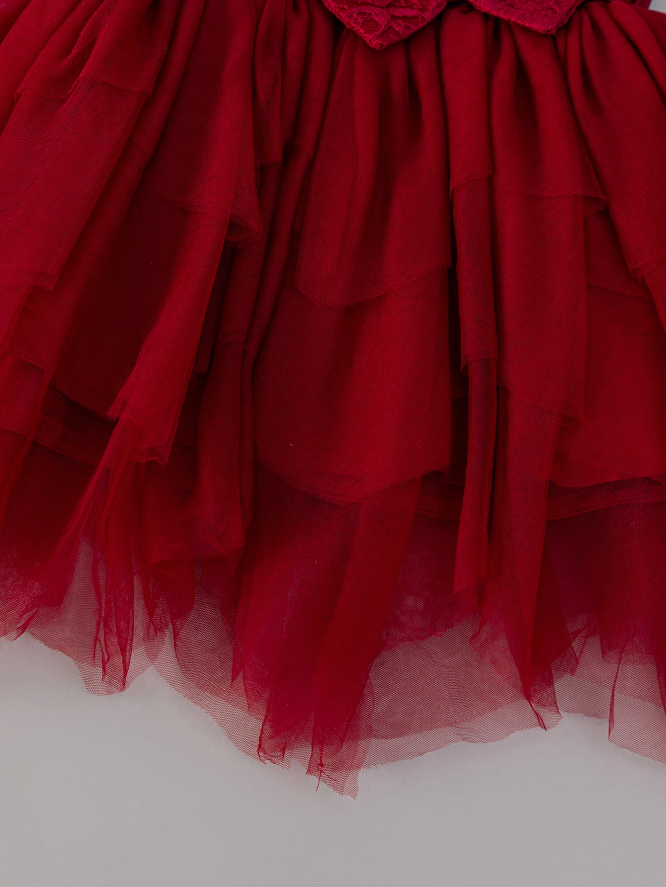 Baby Girls Burgundy Lace Tulle Dress Sleeveless Big Bow Layered Princess Party Gown For Birthday Wedding Flower Girl Photo Shoot