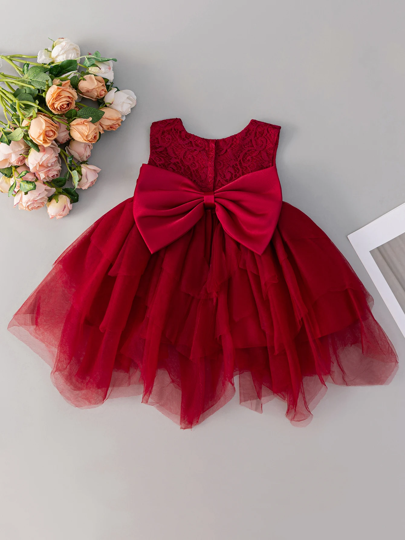 Baby Girls Burgundy Lace Tulle Dress Sleeveless Big Bow Layered Princess Party Gown For Birthday Wedding Flower Girl Photo Shoot