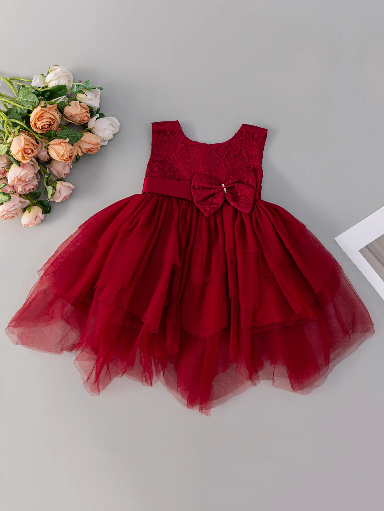 Baby Girls Burgundy Lace Tulle Dress Sleeveless Big Bow Layered Princess Party Gown For Birthday Wedding Flower Girl Photo Shoot