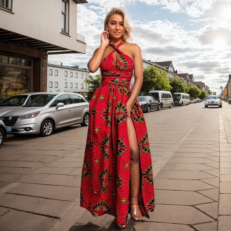 African National Sexy Sleeveless Women Dress Fashion Off Back Print Lady Party Dresses Vintage Casual Long Dress Africa Clothing