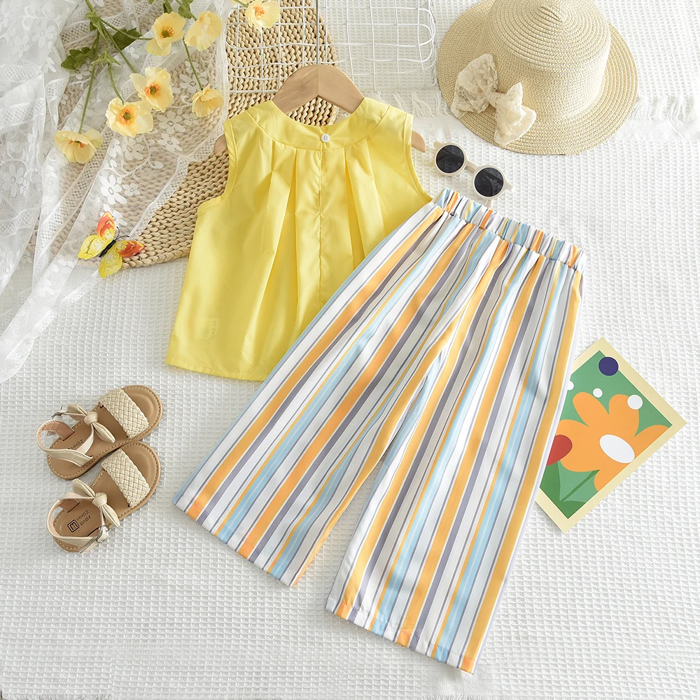Bear Leader Khaki Vest+Striped Wide Leg Pants Summer Two-piece Set Daily Simple Sleeveless Children's Clothing for 3-7 Years Old