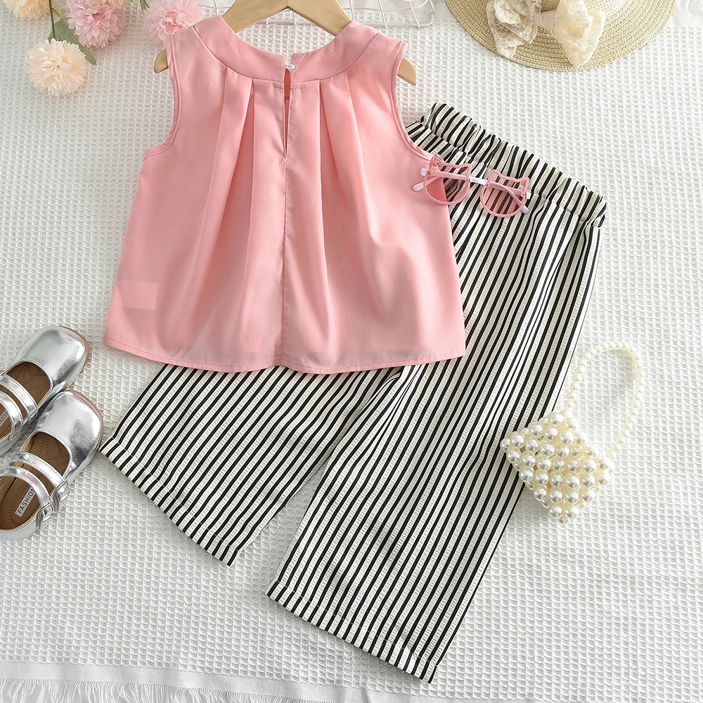 Bear Leader Khaki Vest+Striped Wide Leg Pants Summer Two-piece Set Daily Simple Sleeveless Children's Clothing for 3-7 Years Old