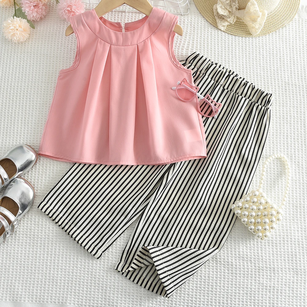 Bear Leader Khaki Vest+Striped Wide Leg Pants Summer Two-piece Set Daily Simple Sleeveless Children's Clothing for 3-7 Years Old