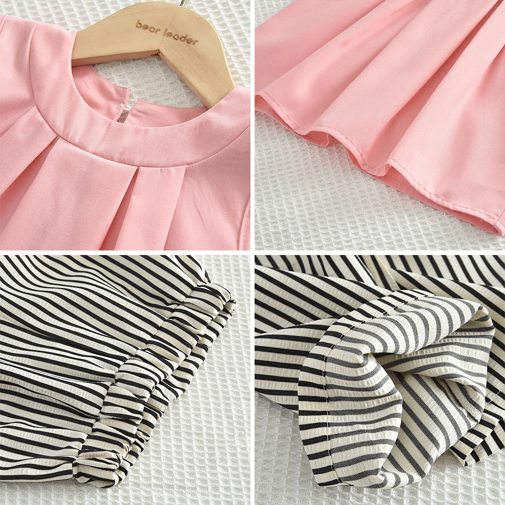 Bear Leader Khaki Vest+Striped Wide Leg Pants Summer Two-piece Set Daily Simple Sleeveless Children's Clothing for 3-7 Years Old