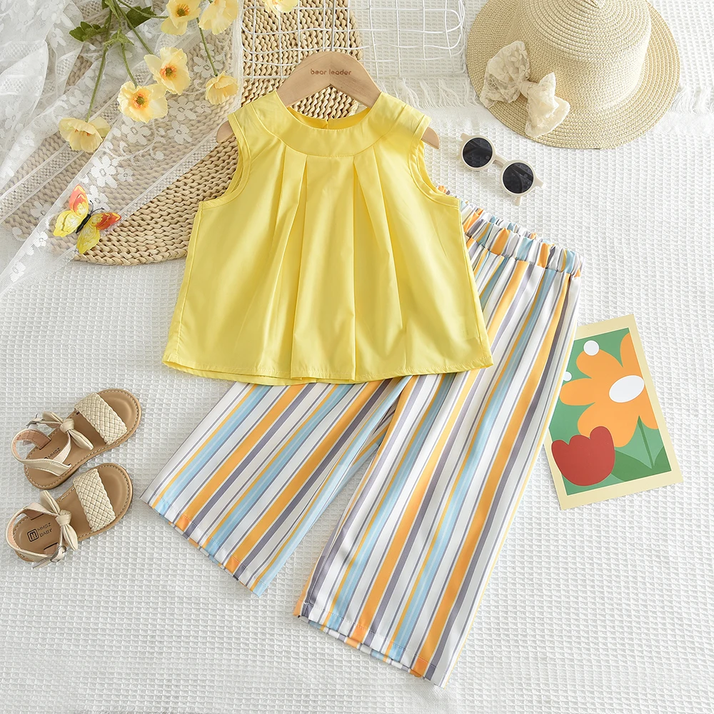 Bear Leader Khaki Vest+Striped Wide Leg Pants Summer Two-piece Set Daily Simple Sleeveless Children's Clothing for 3-7 Years Old