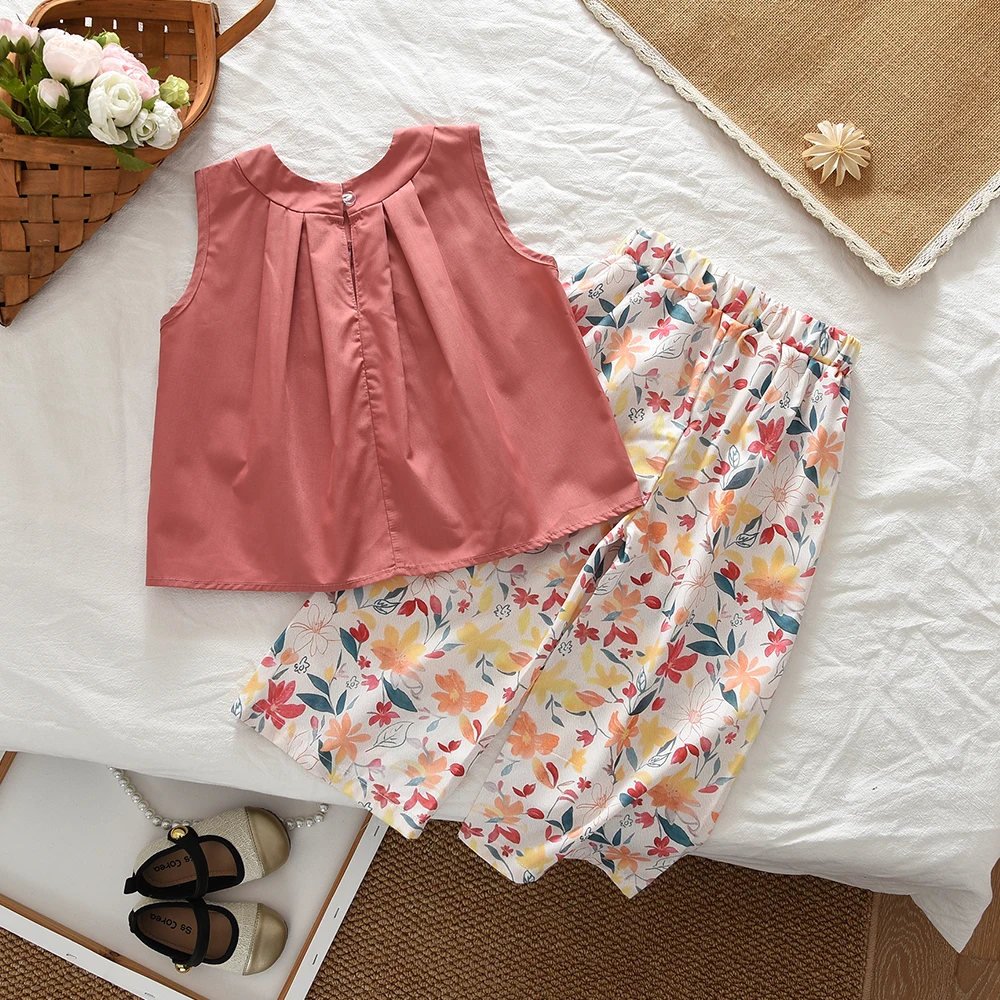 Bear Leader Khaki Vest+Striped Wide Leg Pants Summer Two-piece Set Daily Simple Sleeveless Children's Clothing for 3-7 Years Old