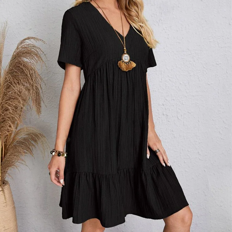2025 Loose V-neck Short Sleeved Pleated Women Dress Solid Color A-line Beach Dresses Elegant Simple Comfortable Woman Clothing