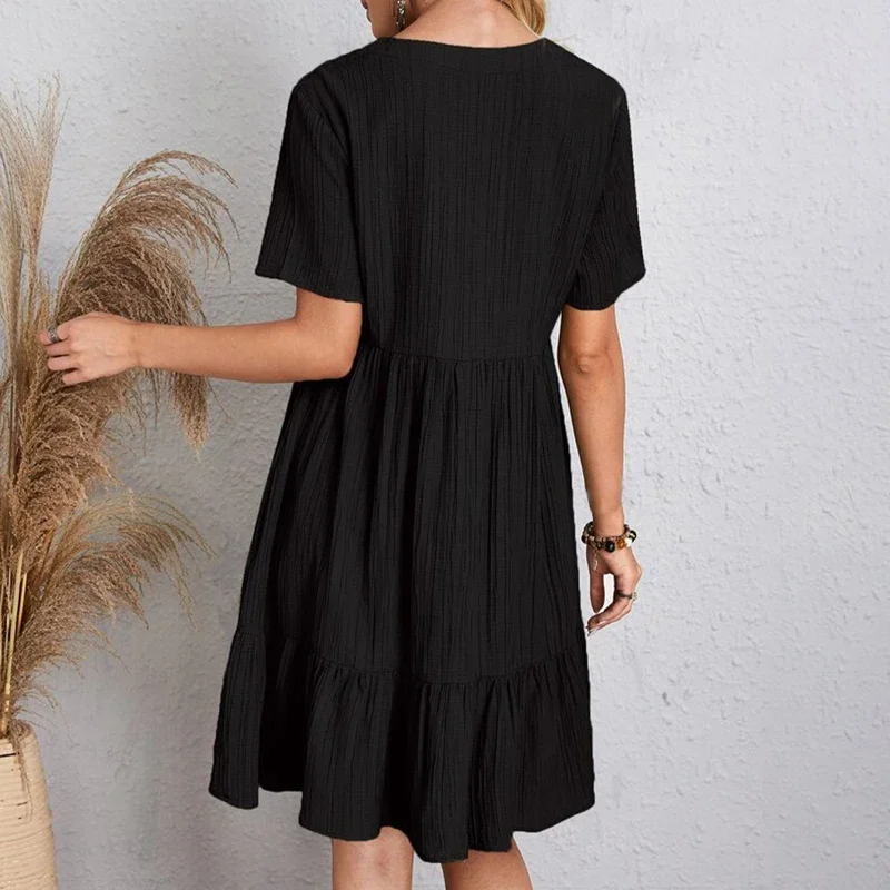 2025 Loose V-neck Short Sleeved Pleated Women Dress Solid Color A-line Beach Dresses Elegant Simple Comfortable Woman Clothing