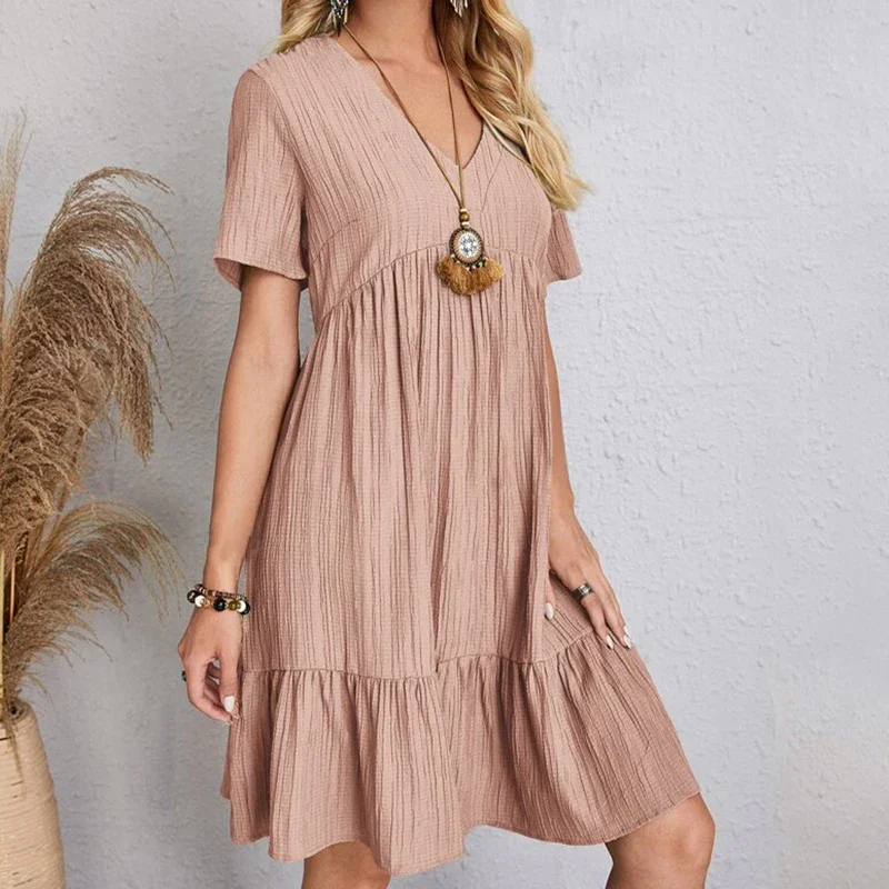 2025 Loose V-neck Short Sleeved Pleated Women Dress Solid Color A-line Beach Dresses Elegant Simple Comfortable Woman Clothing