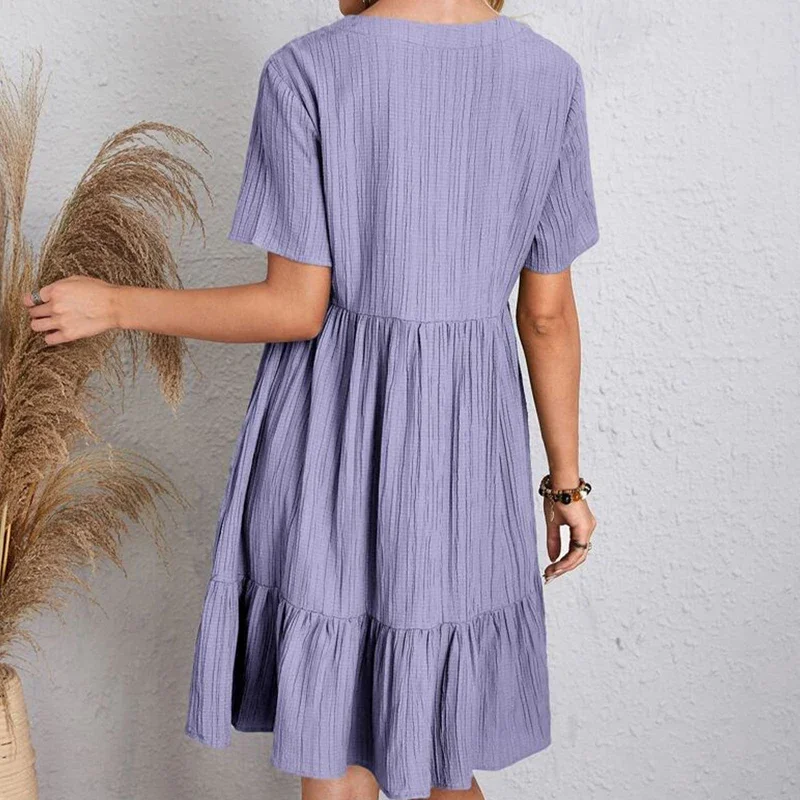 2025 Loose V-neck Short Sleeved Pleated Women Dress Solid Color A-line Beach Dresses Elegant Simple Comfortable Woman Clothing
