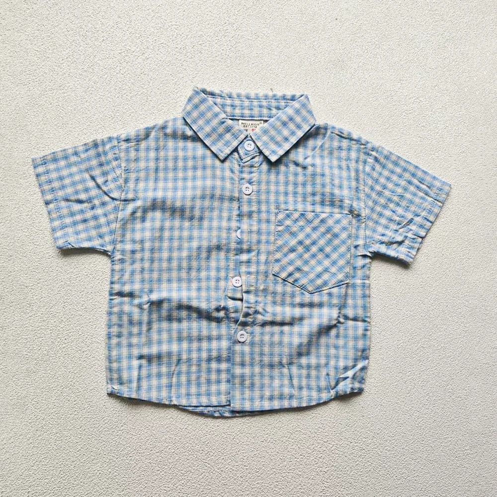 2PCS Summer Kids Boys Plaid Set Turn Down Collar Boys Polo Style Short Sleeve T-shirt + Shorts Children Polo Tee Outfit