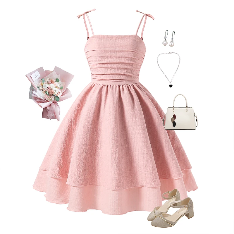 Kids Set Solid Pink Tiered Sling Princess Dress Sweet Style Tween Girls Dress Birthday Party Dating Clothes