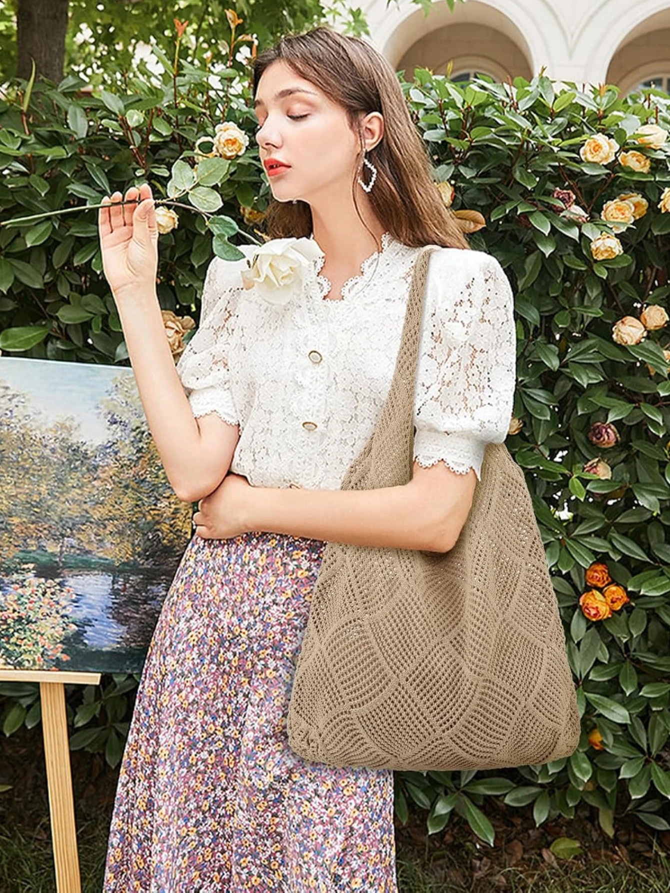 Women'S Crochet Foldable Woven Bag Summer Beach Handbag, Beautiful Hippie Knitted Bag Hollowed Out Retro Shoulder Bag