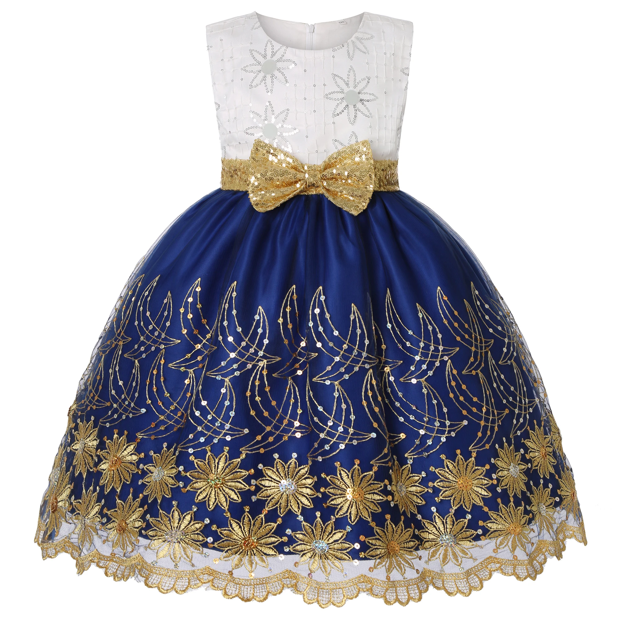 2025 Autumn and Winter New Children's Mesh Gold Sequins Embroidered Bow Tie Dress Princess Dress Skirt Wedding Birthday