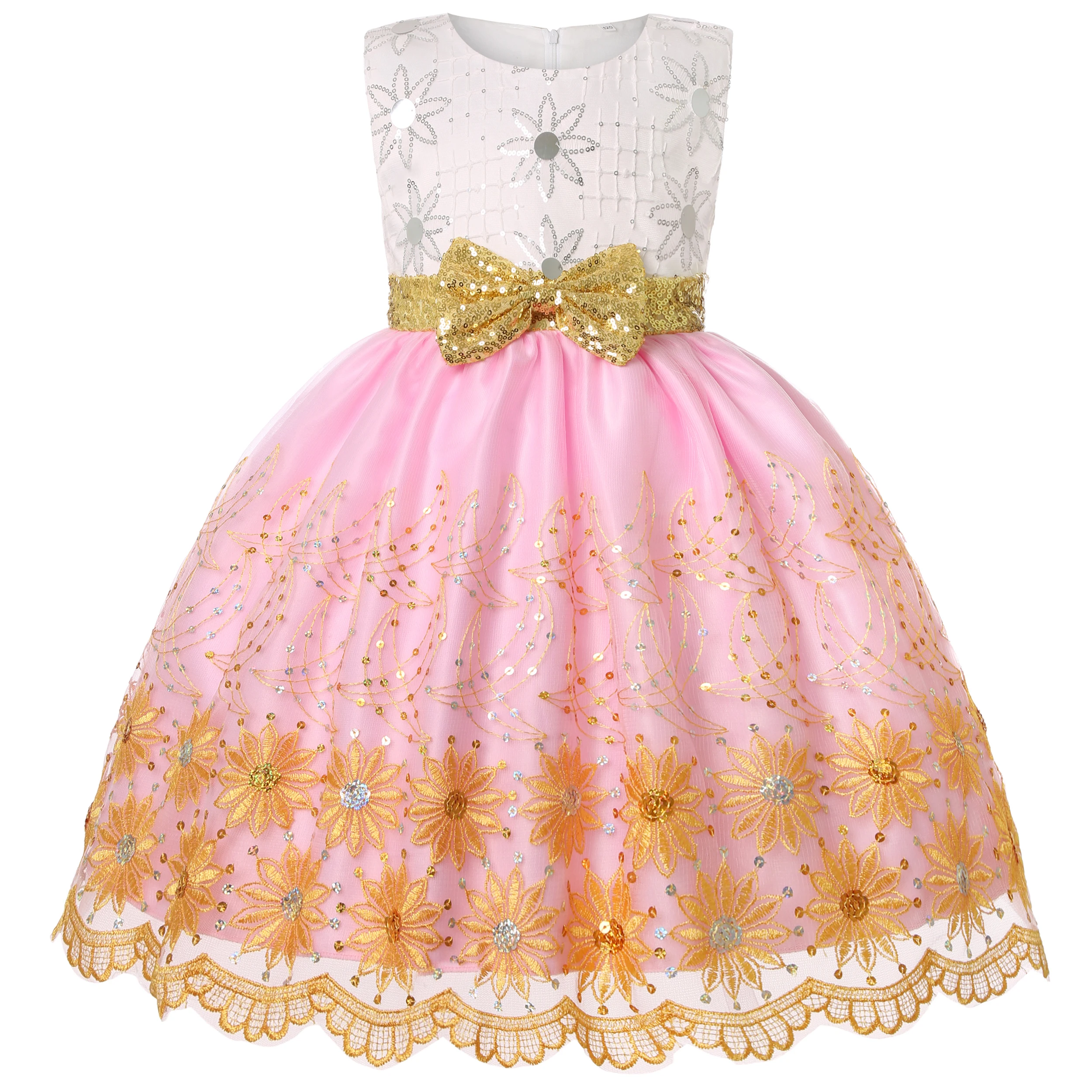 2025 Autumn and Winter New Children's Mesh Gold Sequins Embroidered Bow Tie Dress Princess Dress Skirt Wedding Birthday