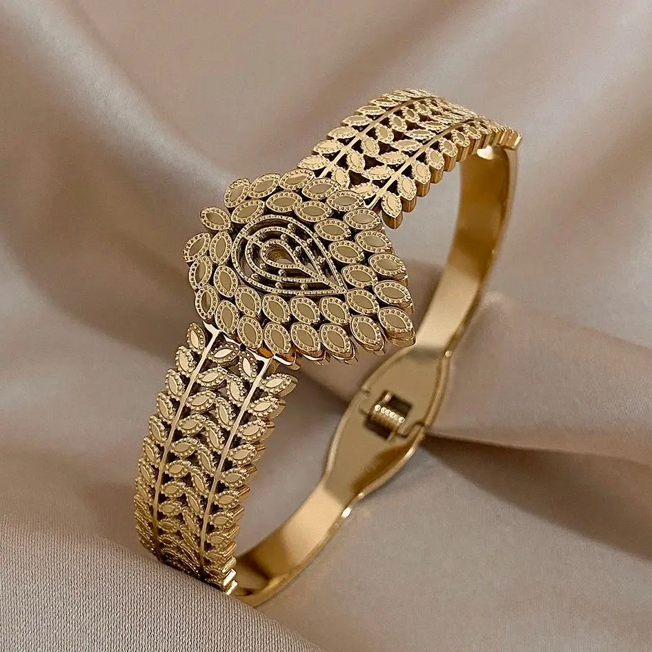 316L Stainless Steel Gold Color Cuff Bracelet for Women Exaggerated Leaves Waterdrop Chunky Bangles Bracelets Waterproof Jewelry