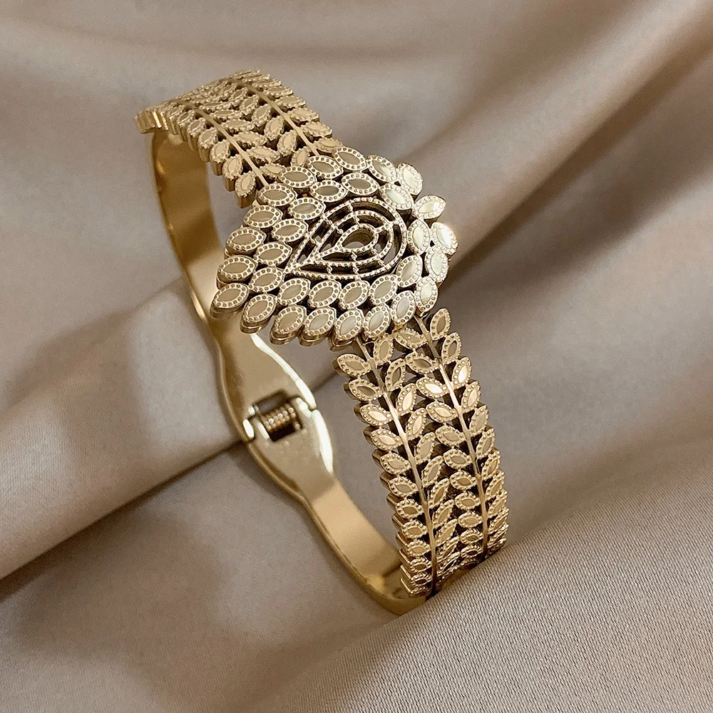 316L Stainless Steel Gold Color Cuff Bracelet for Women Exaggerated Leaves Waterdrop Chunky Bangles Bracelets Waterproof Jewelry