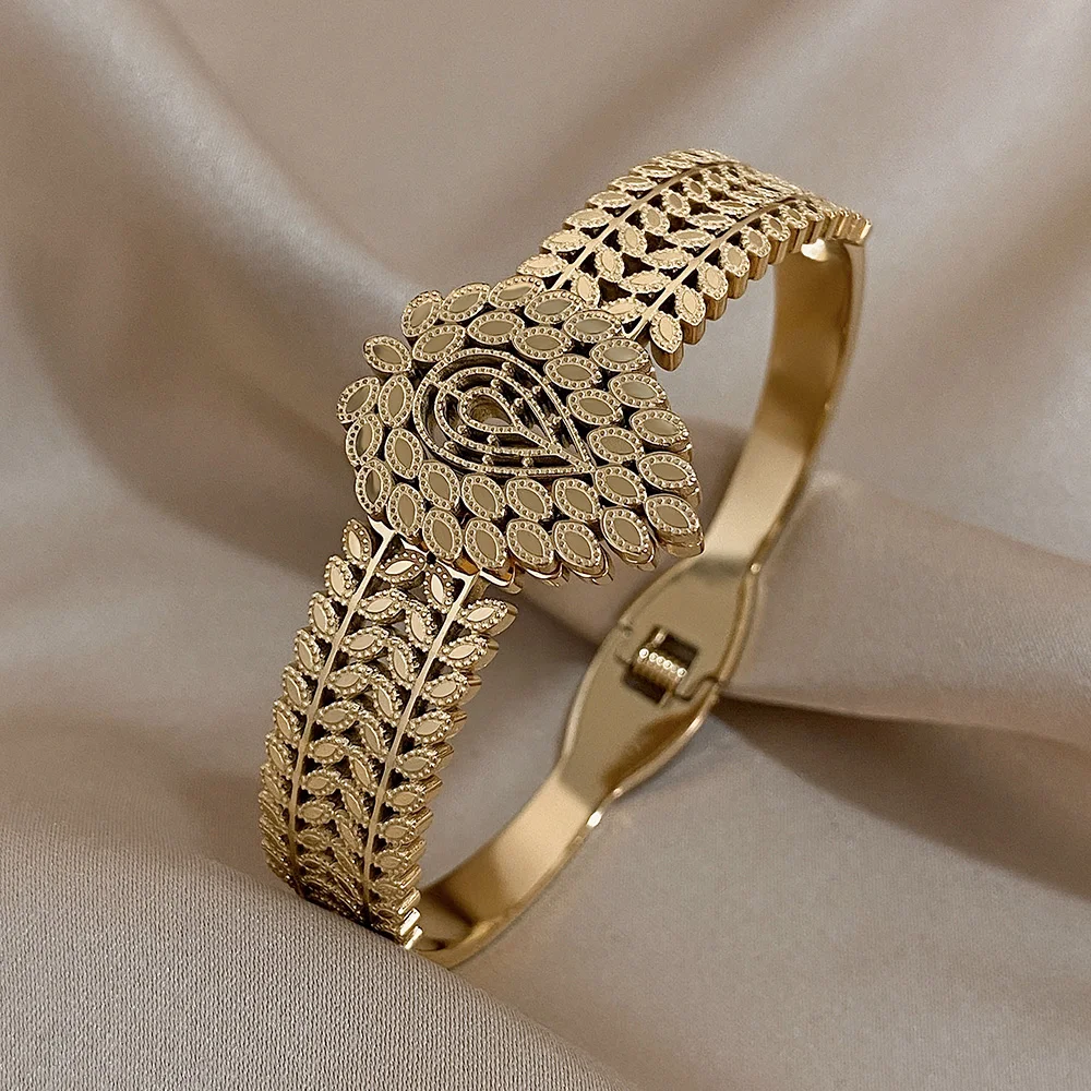316L Stainless Steel Gold Color Cuff Bracelet for Women Exaggerated Leaves Waterdrop Chunky Bangles Bracelets Waterproof Jewelry