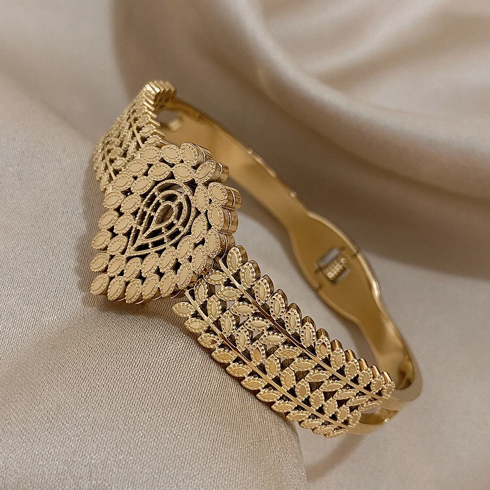 316L Stainless Steel Gold Color Cuff Bracelet for Women Exaggerated Leaves Waterdrop Chunky Bangles Bracelets Waterproof Jewelry