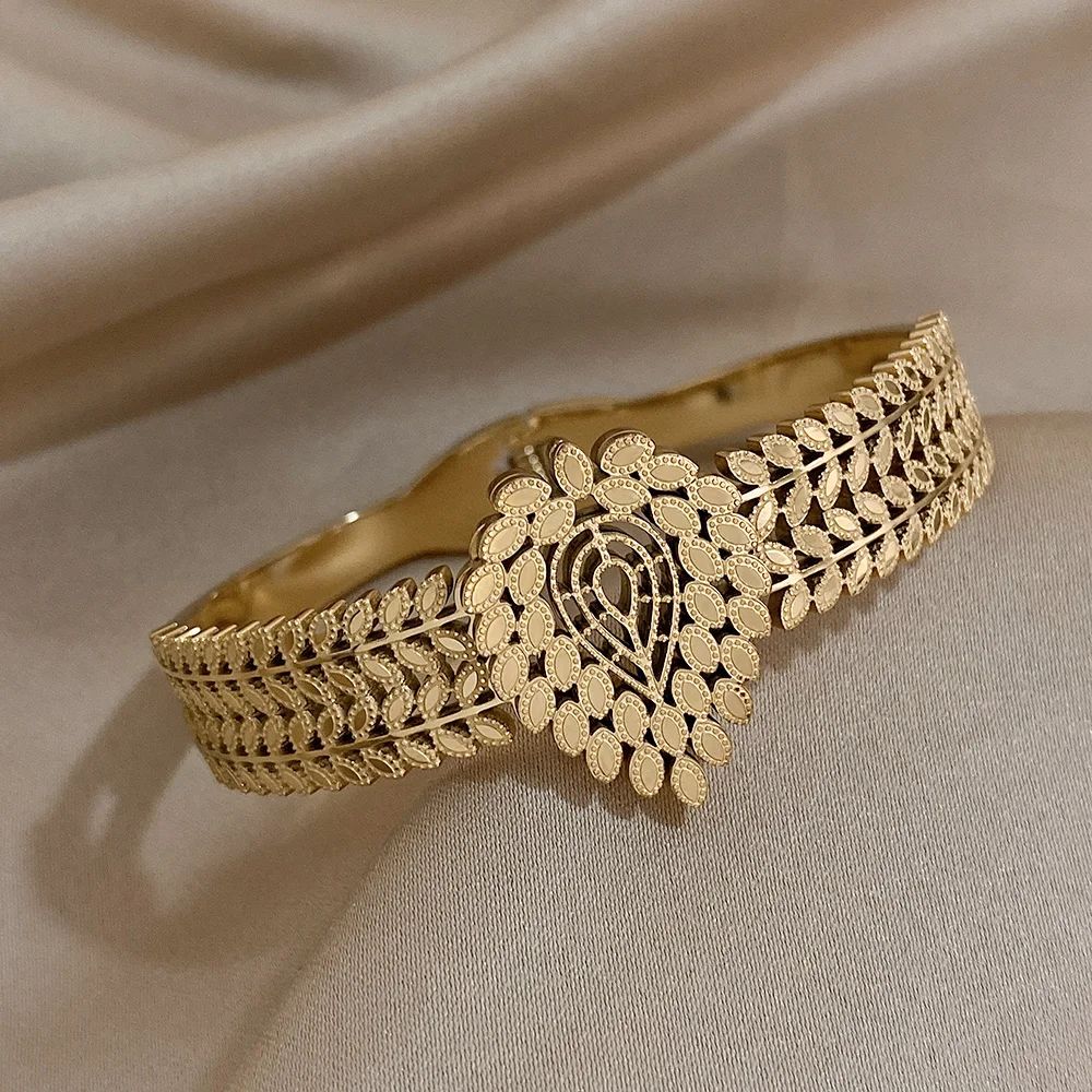 316L Stainless Steel Gold Color Cuff Bracelet for Women Exaggerated Leaves Waterdrop Chunky Bangles Bracelets Waterproof Jewelry