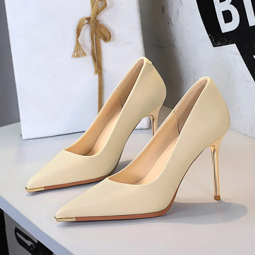 Women 9.5cm High Heels Pumps Lady Party Leather Formal Shoes Metal Thin High Heels Female Elegant Catwalk Shoes