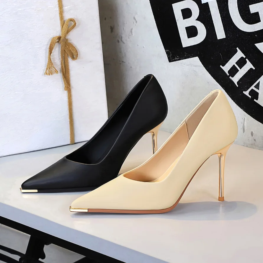 Women 9.5cm High Heels Pumps Lady Party Leather Formal Shoes Metal Thin High Heels Female Elegant Catwalk Shoes