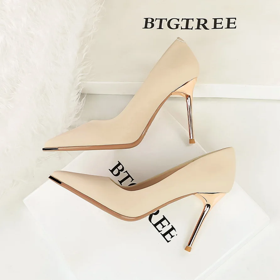 Women 9.5cm High Heels Pumps Lady Party Leather Formal Shoes Metal Thin High Heels Female Elegant Catwalk Shoes