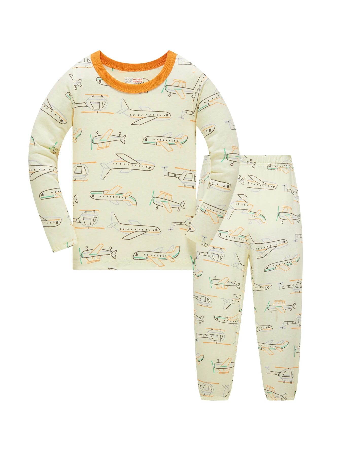 Children's 100% Cotton Sleepwear Set with Full Printed Cartoon Airplane Long Sleeved Long Pajamas for Children Aged 1-8 2Ps