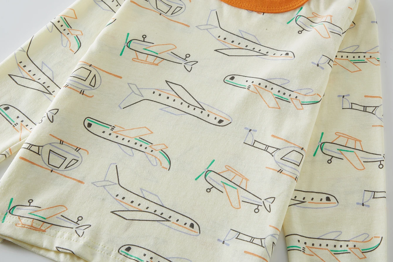 Children's 100% Cotton Sleepwear Set with Full Printed Cartoon Airplane Long Sleeved Long Pajamas for Children Aged 1-8 2Ps