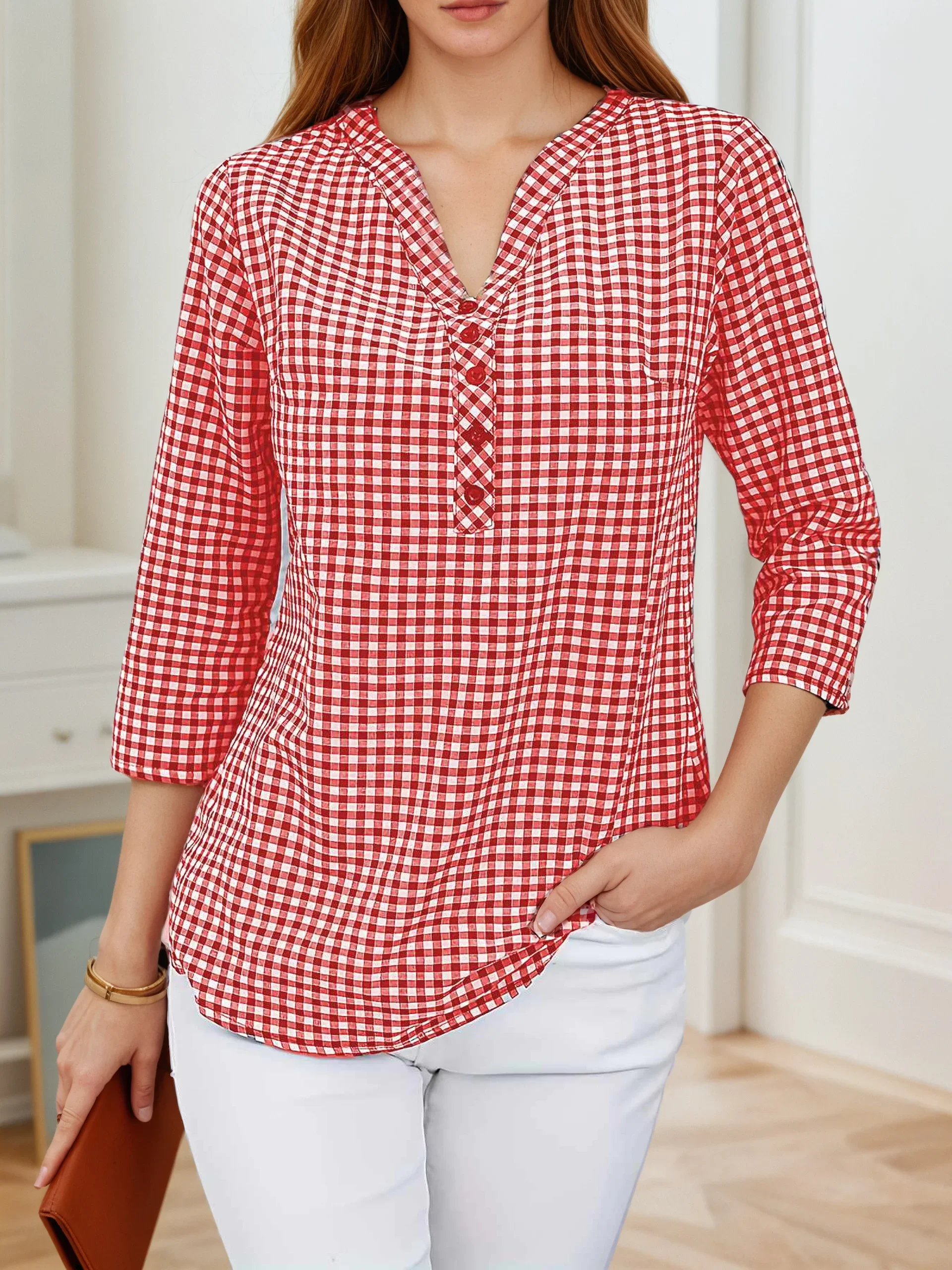 Plus Size Spring Autumn Women Fine Plaid Fashion Long Sleeve V-Neck Blouse Slim Fit Temperament Top Belly Covering Small Shirts