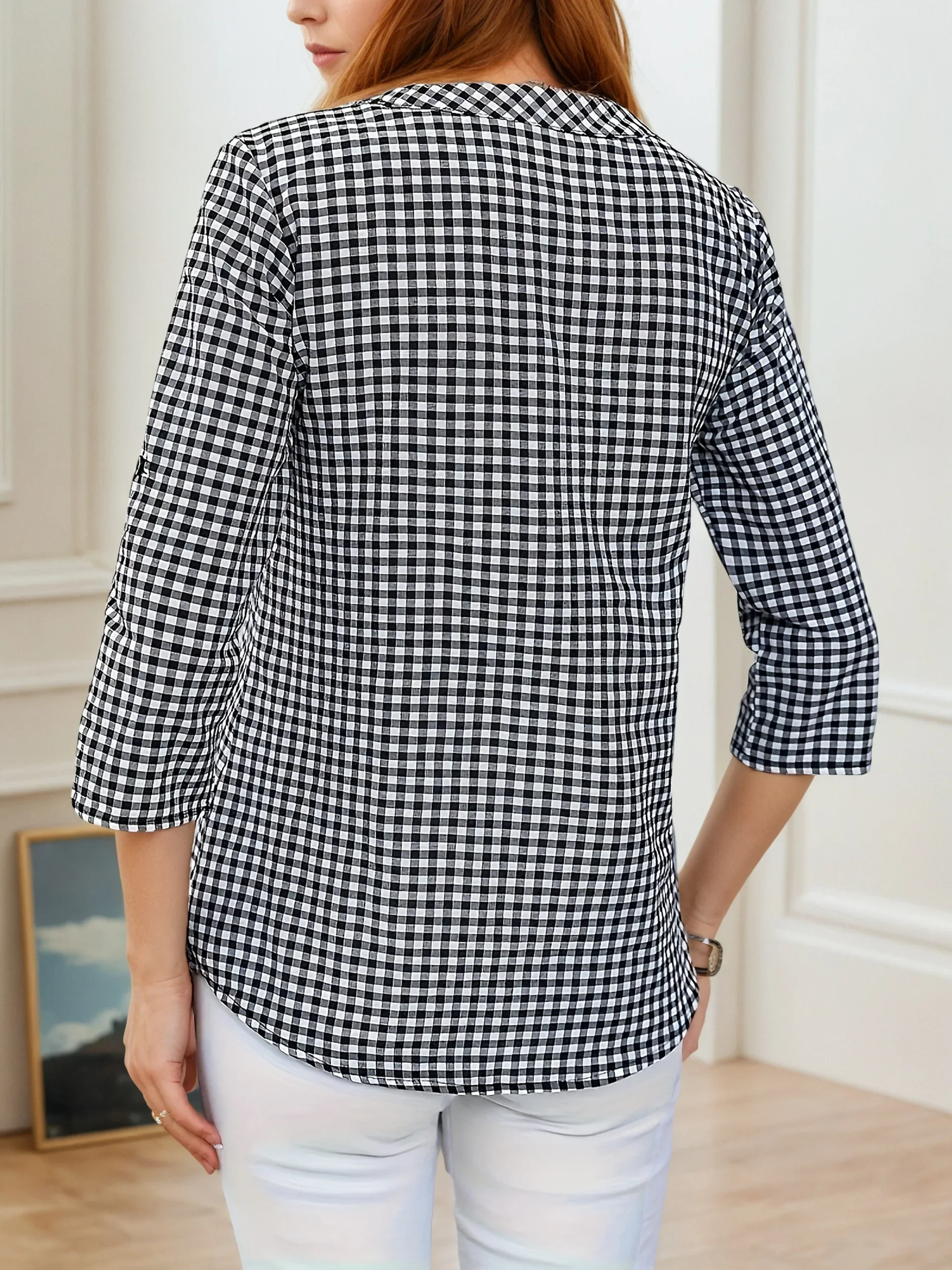 Plus Size Spring Autumn Women Fine Plaid Fashion Long Sleeve V-Neck Blouse Slim Fit Temperament Top Belly Covering Small Shirts