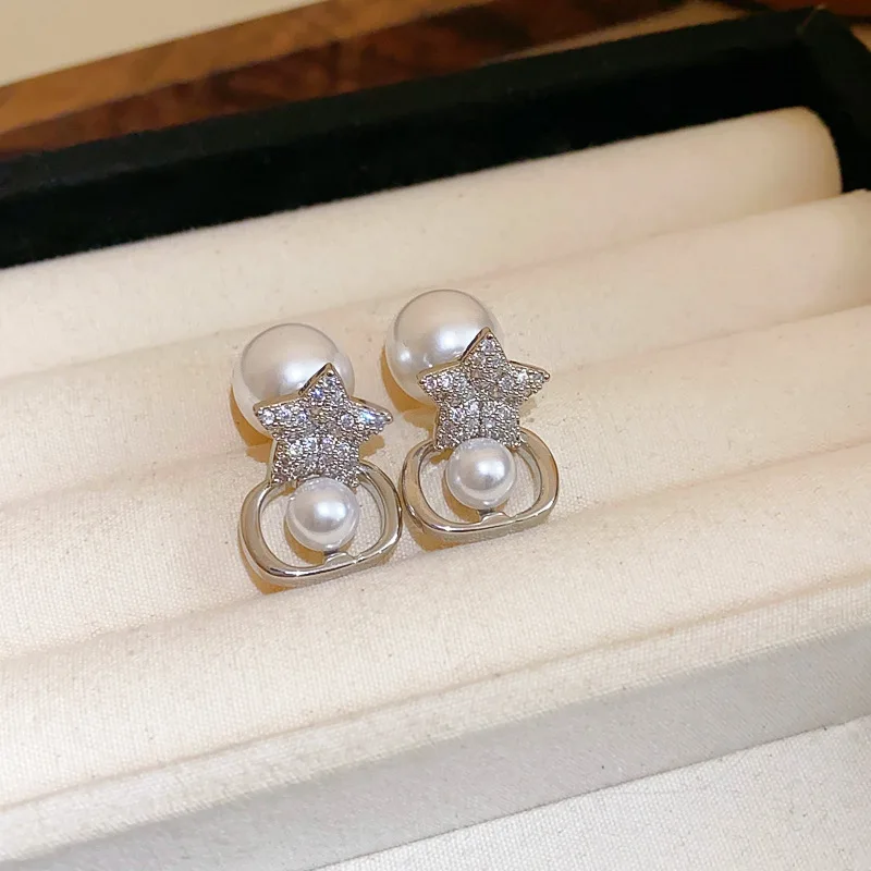 Lennik Exquisite Fashion Zircon Star 925 Sterling Silver Stud Earrings, Faux Pearl Luxury Design, Versatile for Daily/Party,